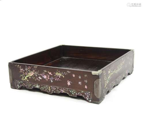 19th/20th century A hardwood and mother-of-pearl stationary tray