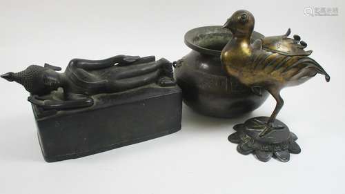 A Bronze reclining Buddha, a bronze bowl and a bronze incense burner