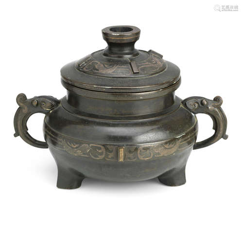 19th century An inlaid bronze incense burner and cover together with other metalwares