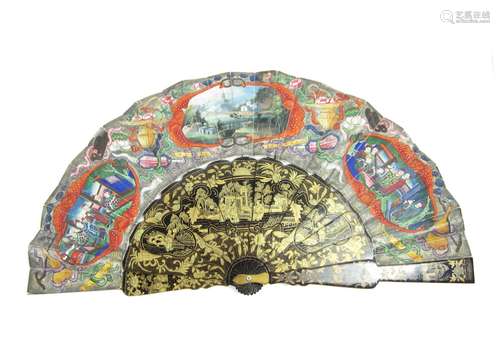 19th century An export lacquer and paper fan in painted box