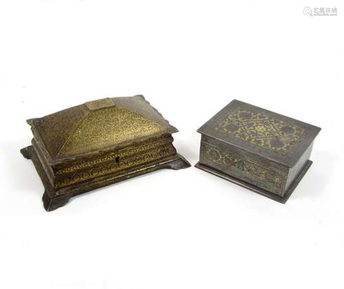 North Western India, 19th century Two Sialkhot gold and silver-inlaid koftgari steel boxes