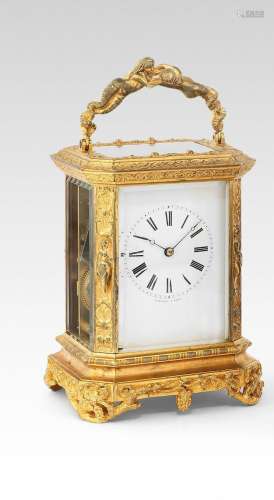 A rare mid 19th century French gilt brass bell-striking carriage clock with engraved gilt platform Bolviller, 31 LM