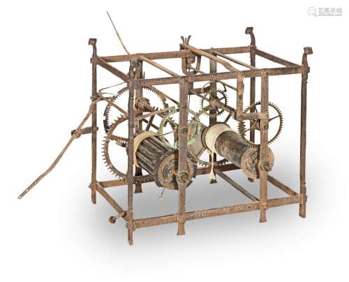 An early 18th century wrought iron framed twin train 30-hour turret clock, together with a dial Attributable to Thomas Steight of Pershore