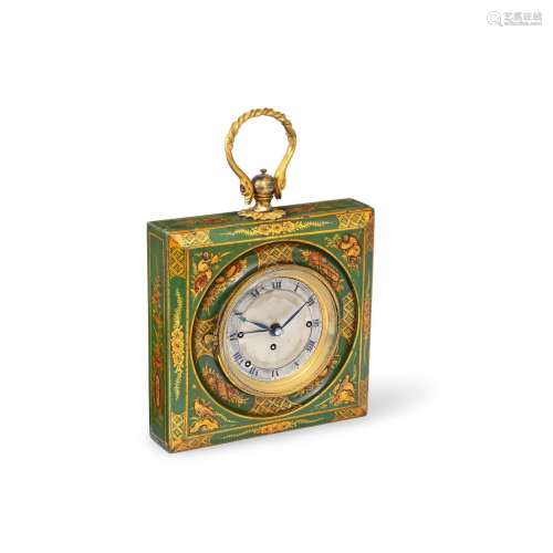 A green and gilt japanned Austrian quarter striking Sedan clock