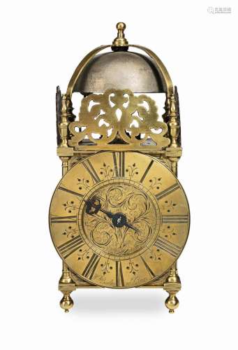 A late 17th century single handed striking lantern clock, originally 'winged' with centrally mounted verge escapement  William Barlow, King's Lynn, (Norfolk)