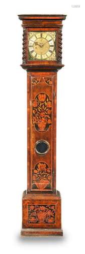 A late 17th century walnut marquetry longcase clock with ten inch dial and bolt and shutter maintaining power Daniel Quare, London
