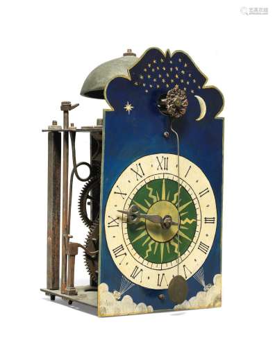 A continental weight driven iron wall clock with 'cow tail' pendulum Possibly German or Flemish