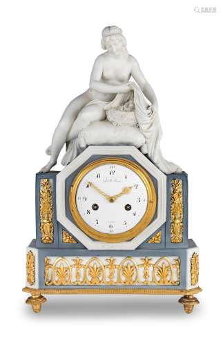 A good early 19th century French ormolu-mounted biscuit porcelain mantel clock depicting Leda and her twins Gavell L'aine Paris