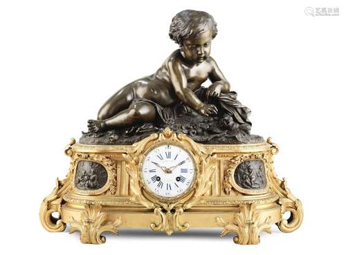 A large and impressive mid 19th century French gilt and patinated bronze figural mantel clock Retailed by Raingo Frères, Paris, the case by Henry Picard