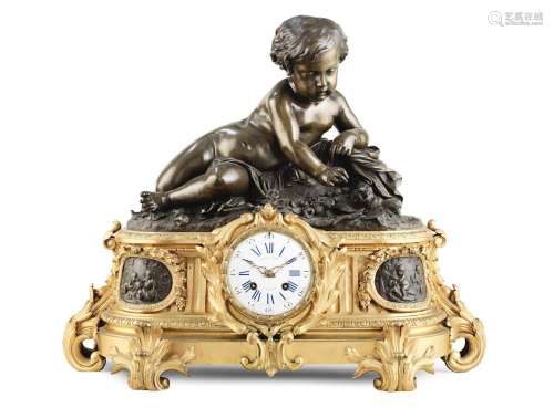 A large and impressive mid 19th century French gilt and patinated bronze figural mantel clock Retailed by Raingo Frères, Paris, the case by Henry Picard