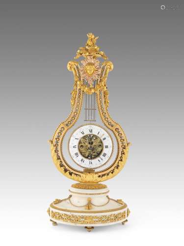 A fine late 18th century French ormolu mounted white marble lyre clock with swinging movement, centre seconds and concentric date Breant, Paris