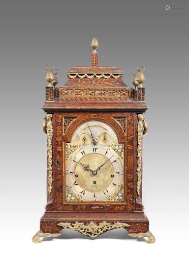 A rare mid 18th century red and gilt japanned musical, quarter chiming table clock playing four tunes  Thomas Prior, London