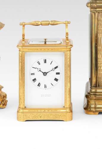 A rare third quarter of the 19th century French engraved gilt brass bell-striking and repeating carriage clock with chaff cutter escapement Paul Garnier, Hgr. du Roi, Paris, 2444