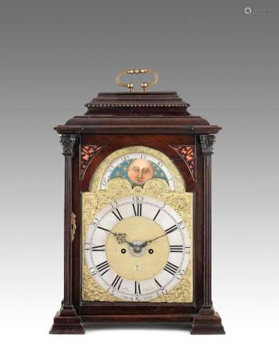 A fine and rare mid 18th century five-minute repeating mahogany table clock with alarm, moon phase indication and Exhibition Provenance  Joseph Smith, Chester
