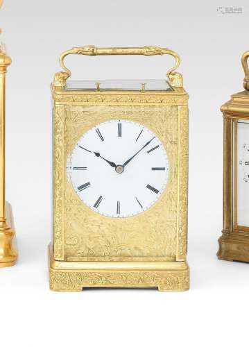 A rare mid 19th century French engraved brass quarter repeating carriage clock  Cooper, London