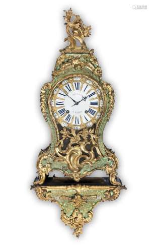 A fine and rare mid 18th century ormolu-mounted green-stained horn bracket clock on original bracket  The dial and movement by Musson, Paris.  The case by B Lieutaud.