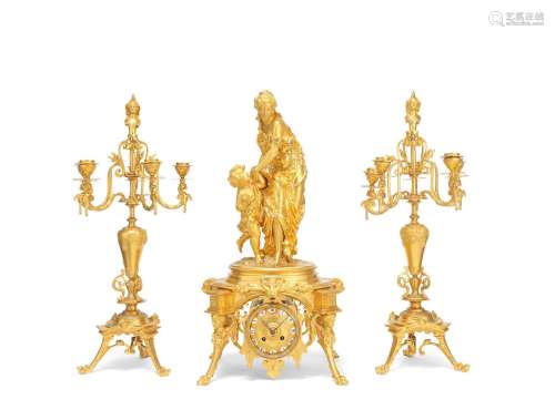 A fine late 19th century French burnished and frosted gilt bronze clock garniture  The bronze group signed E Herbert, the clock movement signed by both J.Levebvre and Japy Freres 3