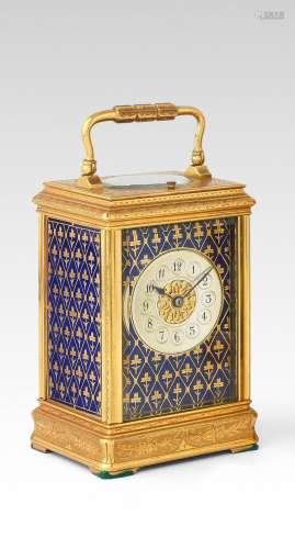 A good late 19th century French striking and repeating enamel decorated engraved brass carriage clock with Patent Surety Roller  Gay and Lamaille, number 474