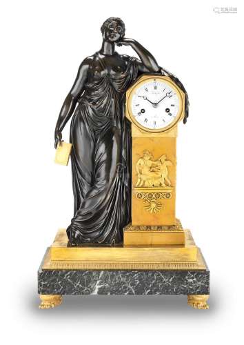 A good early 19th century French patinated and gilt bronze  figural mantel clock Robin, fils Paris