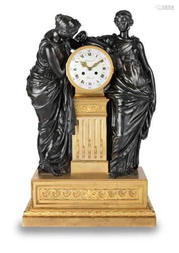 A good 19th century French monumental gilt and patinated bronze mantel clock  Deniere, Paris