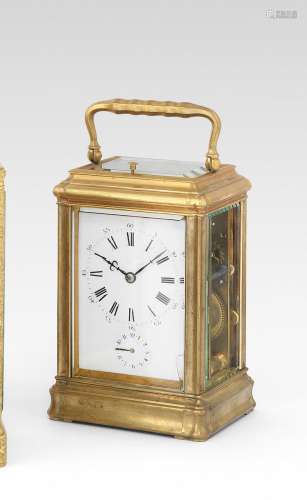 A rare late 19th century French brass repeating carriage clock with patent bottom winding  Le Roy & Fils