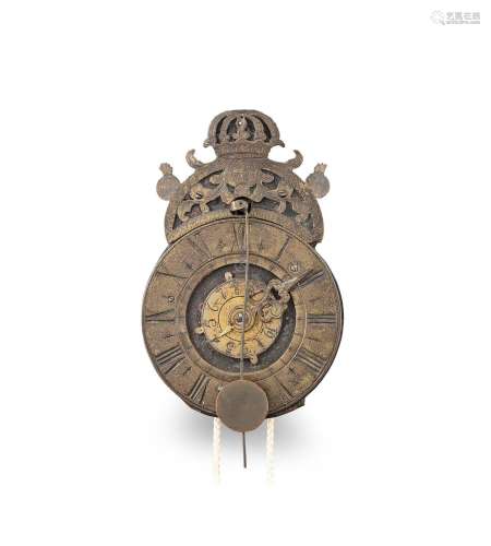 A rare mid 18th century brass weight driven miniature wall alarm timepiece Unsigned