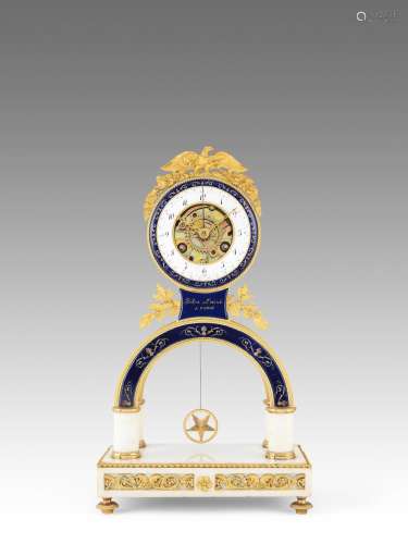 A fine early 19th century French ormolu-mounted marble and enamel decorated mantel clock with concentric date Folin L'aine a Paris