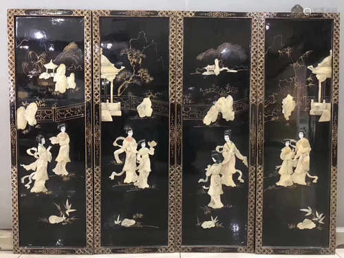 FOUR WOOD CARVED LACQUER HANGING SCREENS