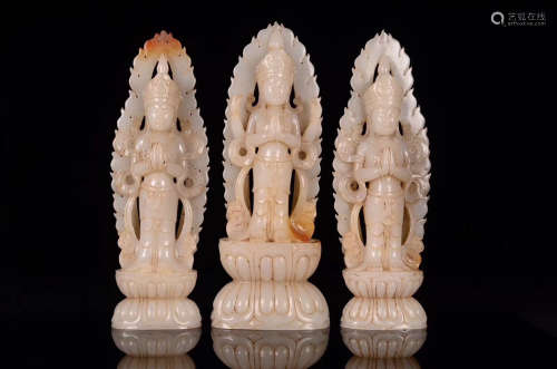 THREE HETIAN JADE CARVED GUANYIN STATUES