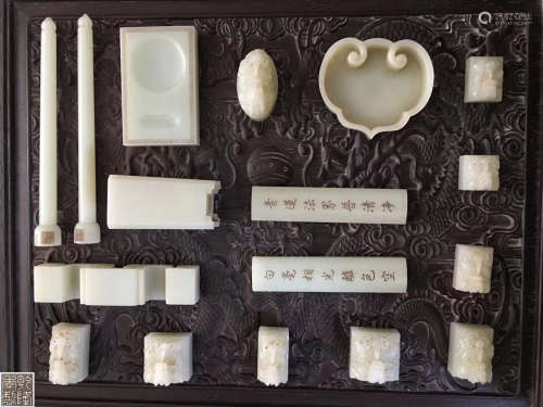 SET OF HETIAN JADE CARVED STUDY ORNAMENTS