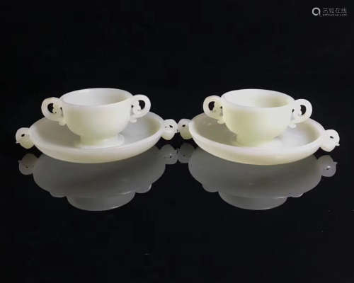 SET OF HETIAN JADE CARVED TEA CUPS AND TRAYS