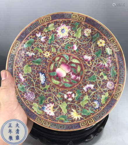 A YONGZHENG MARK FAMILLE-VERTE FLOWER AND BATS PLATE