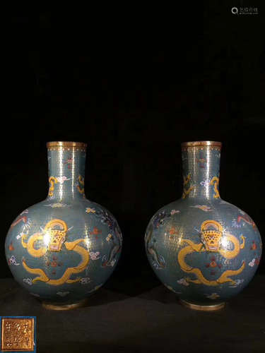 PAIR CLOISONNE ENAMELED BRONZE VASES WITH MARK