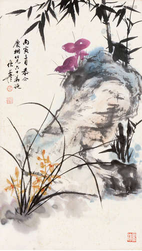 伏文彦（b.1920） 芝兰竹石图 镜片 设色纸本