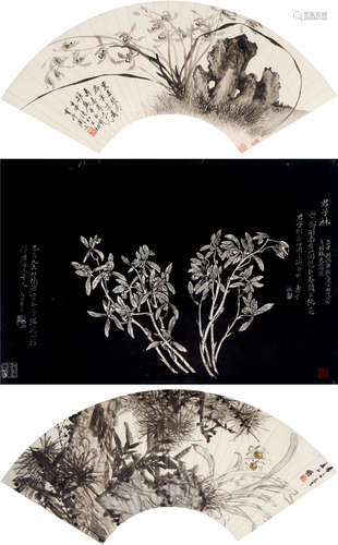 周峻（清）  汤涤（1878～1948） 花卉扇面及拓片三挖 扇面三挖 设色纸本