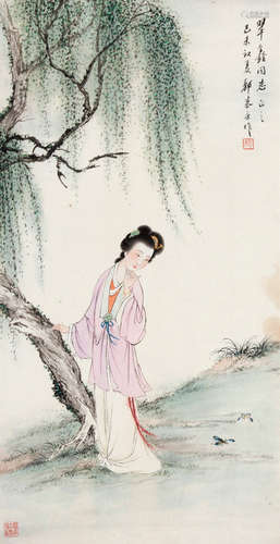 郑慕康（1901～1982） 柳荫仕女 镜片 设色纸本