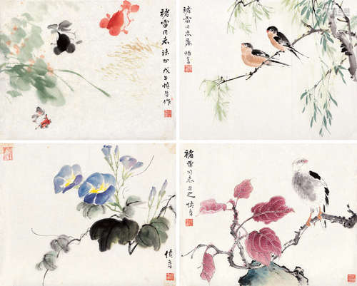 孙悟音（1916～2002） 花鸟鱼趣 （四张） 镜片 设色纸本