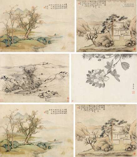 李琪枝（1622～？）  董耀（1800～1883）  沈雒（？～1901后）等 山水花卉册 册页 设色 水墨纸本