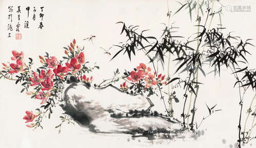 吴青霞（1910～2008） 竹石花卉 镜片 设色纸本