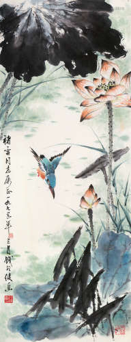 钱行健（1935～2010） 荷塘翠鸟 镜片 设色纸本