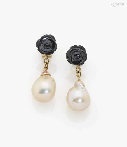 A PAIR OF PENDANT EARRINGS WITH SOUTH SEA CULTURED PEARLS, ONYX AND PINK SAPPHIRES Japan, MIKIMOTO