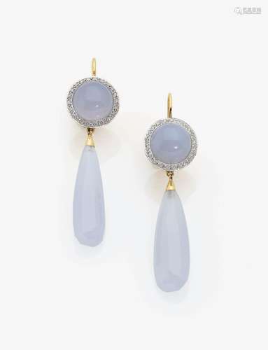 A PAIR OF CHALCEDONY AND DIAMONDS SET PENDANT EARRINGS Japan, MIKIMOTO