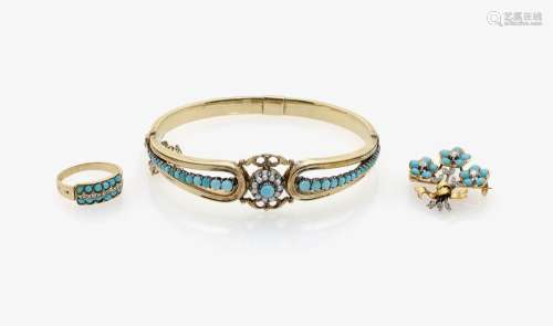 A BRACELET, BROOCH AND RING WITH TURQUOISE, DIAMONDS AND SEED PEARLS England, Chester and Germany, circa 1880-1890