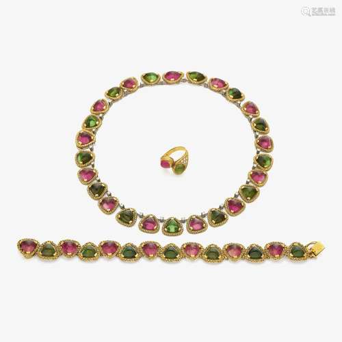 A TOURMALINE SET DEMI PARURE, CONSISTING OF A COLLIER, A BRACELET AND A RING Munich, Jeweller THEODOR HEIDEN, 1960s-1970s