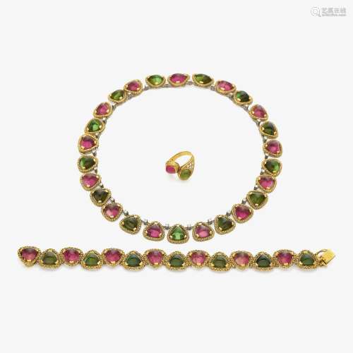 A TOURMALINE SET DEMI PARURE, CONSISTING OF A COLLIER, A BRACELET AND A RING Munich, Jeweller THEODOR HEIDEN, 1960s-1970s