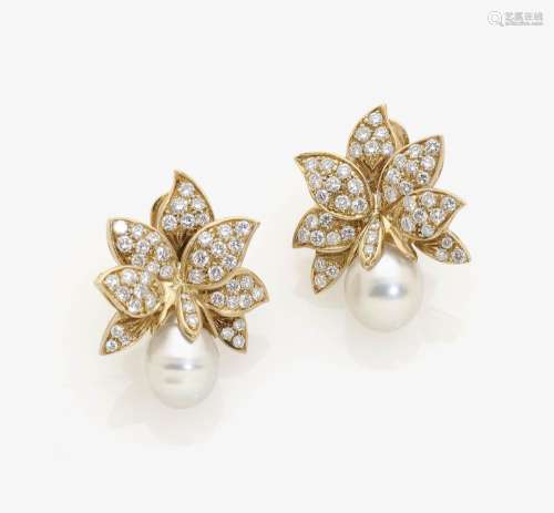 A PAIR OF FLORAL COCKTAIL EAR-CLIPS SET WITH SOUTH SEA CULTURED PEARLS AND DIAMONDS USA, 1980s-1990s