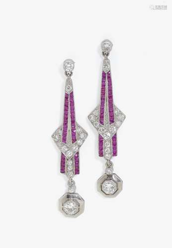 A PAIR OF DIAMOND AND RUBY SET EARRINGS USA, Art Déco, circa 1925