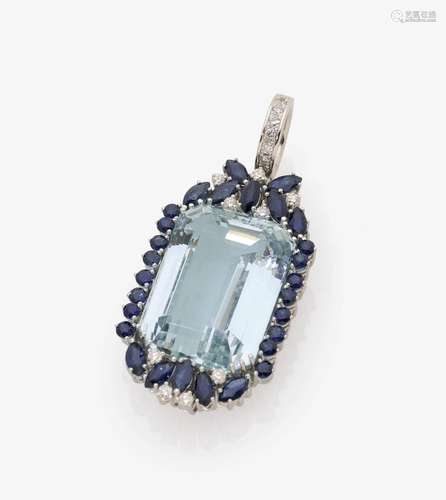 AN AQUAMARINE, SAPPHIRE AND DIAMOND SET PENDANT Germany, Idar-Oberstein, 1970s