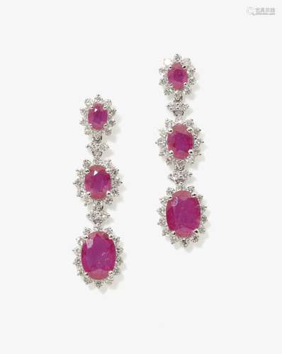 A PAIR OF RUBY AND DIAMOND SET EAR DROPS Italy