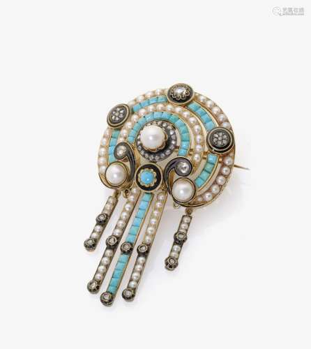 A PEARL, TURQUOISE, DIAMOND AND ENAMEL BROOCH Germany, circa 1870